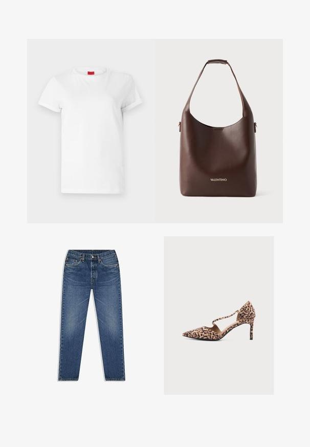 Weißes Kurzarm-T-Shirt aus leichtem Baumwollstoff. Hat einen runden Halsausschnitt und umgeschlagene Ärmel. Rotes Logo-Tag am Kragen.; Blaue Denim-Jeans mit geradem Bein, ausgestattet mit einem Knopf- und Reißverschluss, fünf Taschen und dezenten Abnutzungserscheinungen in der Waschung.; Leopardprint spitzer High Heel mit Knöchelriemen und geschlossenem Absatz in Beige- und Brauntönen auf einfarbigem Hintergrund.; Braune Leder-Schultertasche mit geschwungener Form, ausgestattet mit einem flachen Trageriemen und einem goldenen "Valentino"-Logo am Boden. Glatte Textur, minimalistisches Design.