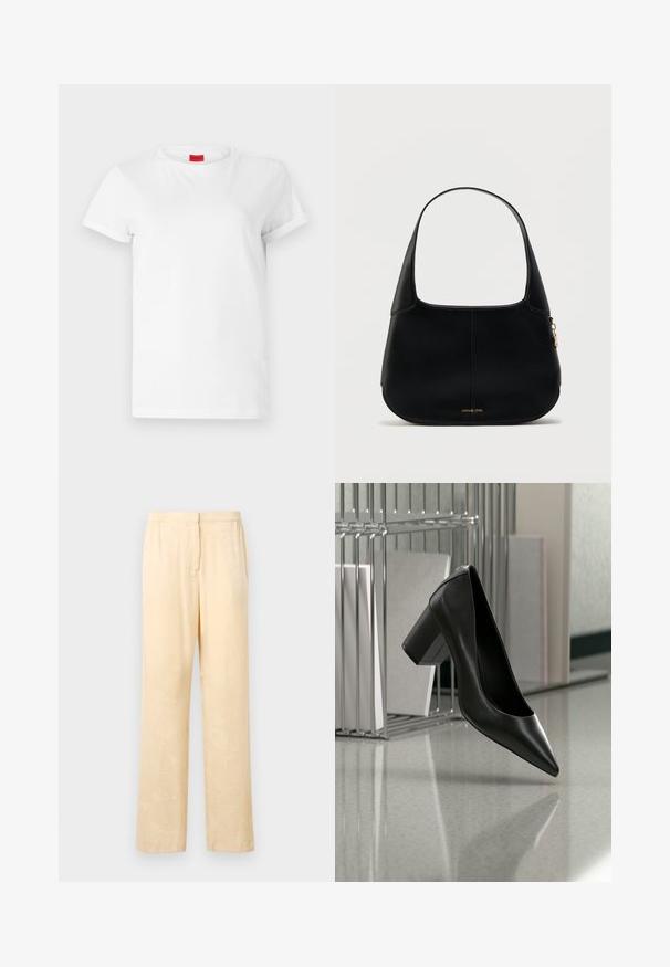 Camiseta blanca de manga corta hecha de algodón ligero. Presenta un escote redondo y mangas enrolladas. Etiqueta de logo roja en el cuello.; Pantalones sueltos de color amarillo claro con un sutil estampado de hojas. Cuentan con una cinturilla elástica y un diseño de pierna recta. Textura suave.; Zapato de tacón alto de punta afilada de cuero negro con tacón cuadrado suspendido sobre un suelo reflectante cerca de un organizador de archivos metálico con documentos.; Bolso de hombro de cuero negro con forma redondeada, asa corta y diseño minimalista. Presenta una textura sutil y un detalle de logo dorado.