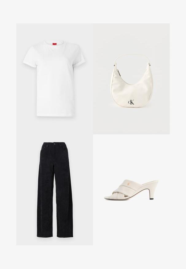 Weißes Kurzarm-T-Shirt aus leichtem Baumwollstoff. Hat einen runden Halsausschnitt und umgeschlagene Ärmel. Rotes Logo-Tag am Kragen.; Schwarze Corduroy-Hosen mit weitem Bein und hohem Bund, ausgestattet mit zwei Fronttaschen und feiner vertikaler Rippstruktur.; Beige High-Heeled Mules mit verdrehtem Leder- Riemen-Design, offenen Zehen und geprägt logo Akzent. Die Ferse hat eine schwarze Spitze Detail.; Kleine weiße halbmondenförmige Handtasche mit kurzem Trageriemen, Reißverschluss und schwarzem "cK"-Logo auf der Vorderseite.