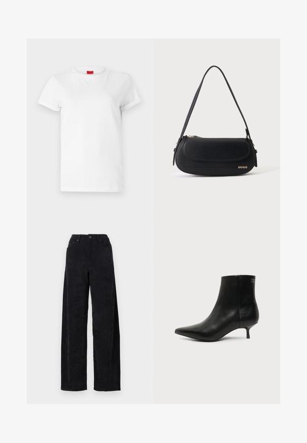 Camiseta blanca de manga corta hecha de algodón ligero. Presenta un escote redondo y mangas enrolladas. Etiqueta de logo roja en el cuello.; Pantalones de sarga ancha negros con una cintura alta, que cuentan con dos bolsillos frontales y una sutil textura de canalé vertical.; Botín de piel negra con puntera puntiaguda y tacón bajo estilo kitten sobre fondo claro, mostrando vista lateral exterior.; Bolso de hombro de cuero negro con solapa curva, logo dorado "HUGO" en el frente y una correa ajustable.