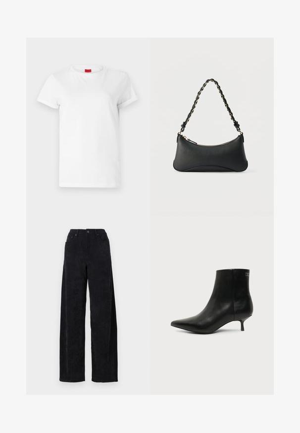 Weißes Kurzarm-T-Shirt aus leichtem Baumwollstoff. Hat einen runden Halsausschnitt und umgeschlagene Ärmel. Rotes Logo-Tag am Kragen.; Schwarze Corduroy-Hosen mit weitem Bein und hohem Bund, ausgestattet mit zwei Fronttaschen und feiner vertikaler Rippstruktur.; Schwarzer Leder-Knöchel-Stiefel mit spitzer Spitze und niedrigem Kittenabsatz vor hellem Hintergrund, seitliche Ansicht.; Schwarze Lederschultertasche mit gewölbter rechteckiger Form, goldener Kette, die in den geflochtenen schwarzen Riemen eingewebt ist, und Reißverschlussverschluss oben.