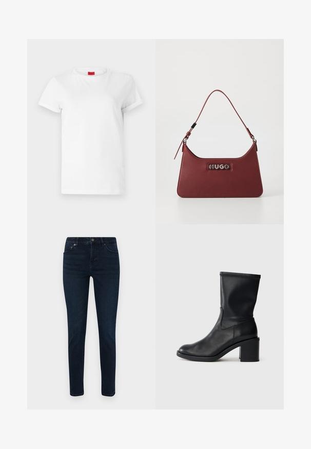 Weißes Kurzarm-T-Shirt aus leichtem Baumwollstoff. Hat einen runden Halsausschnitt und umgeschlagene Ärmel. Rotes Logo-Tag am Kragen.; Dunkelblaue Jeans mit schmaler Passform, ausgestattet mit einem Fünf-Taschen-Design, Knopfverschluss und dezenten Nähdetails. Glatte Textur über die gesamte Fläche.; Schwarze Leder-Ankle Boots mit runder Zehenform, glatter Oberfläche und dicker Absatz, ausgestattet mit einem eng anliegenden Schaft und subtilen Nähten.; Kleine rechteckige burgunderfarbene Lederhandtasche mit verstellbarem Riemen und silberner "HUGO"-Logoplatte auf der Vorderseite.