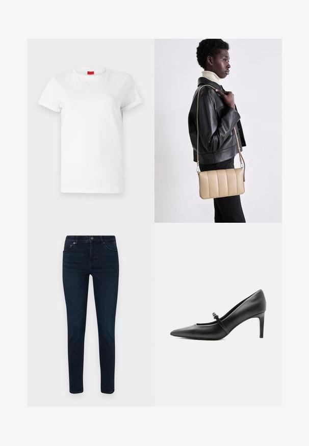Weißes Kurzarm-T-Shirt aus leichtem Baumwollstoff. Hat einen runden Halsausschnitt und umgeschlagene Ärmel. Rotes Logo-Tag am Kragen.; Dunkelblaue Jeans mit schmaler Passform, ausgestattet mit einem Fünf-Taschen-Design, Knopfverschluss und dezenten Nähdetails. Glatte Textur über die gesamte Fläche.; Schwarzer Leder-Pumps mit spitzer Zehenpartie, dünnem Riemen und Schnalle über dem Spann, stehend auf hellem neutralem Hintergrund.; Beige Leder-Crossbody-Tasche mit gestepptem Muster, rechteckiger Form, dünnem Trageriemen und silberner Hardware, getragen von einer Person in einer schwarzen Jacke.
