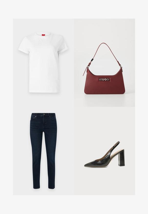 Weißes Kurzarm-T-Shirt aus leichtem Baumwollstoff. Hat einen runden Halsausschnitt und umgeschlagene Ärmel. Rotes Logo-Tag am Kragen.; Dunkelblaue Jeans mit schmaler Passform, ausgestattet mit einem Fünf-Taschen-Design, Knopfverschluss und dezenten Nähdetails. Glatte Textur über die gesamte Fläche.; Schwarzer Leder-Slingback-Schuh mit spitzer Kappe, hohem Blockabsatz und beigegefüttertem Innenraum vor hellem, einfarbigem Hintergrund.; Kleine rechteckige burgunderfarbene Lederhandtasche mit verstellbarem Riemen und silberner "HUGO"-Logoplatte auf der Vorderseite.