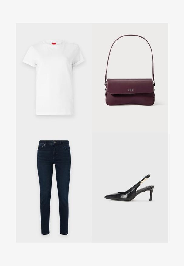 Hvid kortærmet t-shirt lavet af letvægts bomuld. Har en rund halsudskæring og rullede ærmer. Rød logoetiket på kraven.; Mørk vaskede denimjeans med slim fit, der har fem-lomme design, knaplukning og subtile syningsdetaljer. Glat tekstur hele vejen igennem.; Sort læder slingback højhælede sko med spidse tæer, glat overflade og en smal ankelrem med guldfarvede hardware detaljer.; Bordeauxfarvet lædertaske med et struktureret design, der har en klaplukning og en justerbar rem. Logo detaljer præget på forsiden.