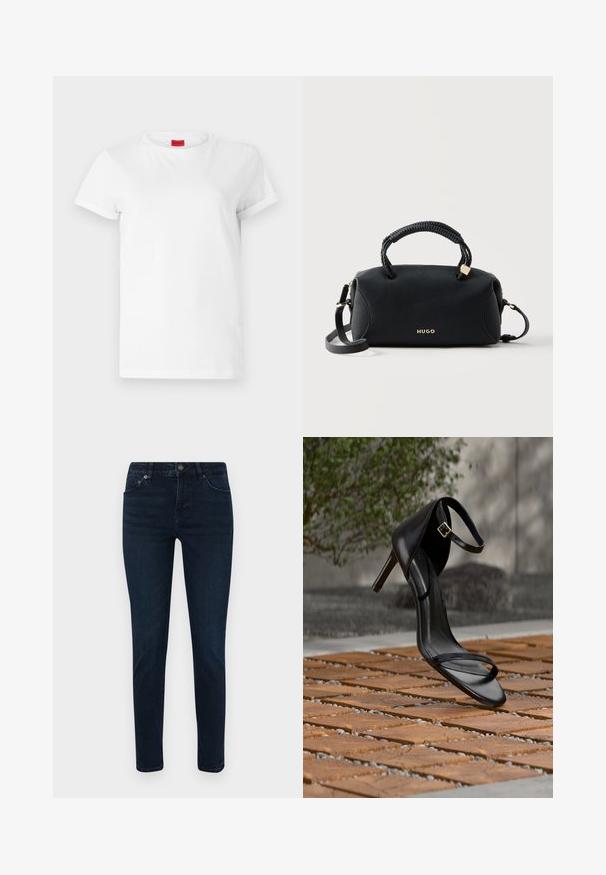 Witte T-shirt met korte mouwen, gemaakt van lichtgewicht katoen. Heeft een ronde hals en opgerolde mouwen. Rode merketiket op de kraag.; Donkerblauwe denim jeans met een smalle pasvorm, voorzien van een vijf-pocketontwerp, een knoopsluiting en subtiele stikseldetails. Gladde textuur overal.; Zwarte hoge hak sandaal met enkelbandje zweeft boven een houten tegelvloer buiten, met een onscherpe groene en stenen achtergrond.; Zwarte Hugo-handtas met gevlochten bovenhandvatten, gouden beslag en afneembare schouderband op een effen lichte achtergrond.