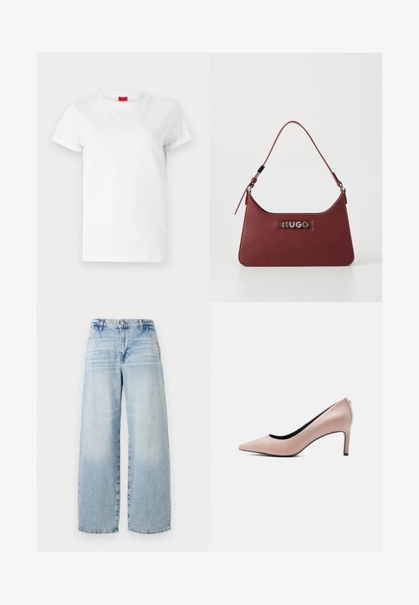 Witte T-shirt met korte mouwen, gemaakt van lichtgewicht katoen. Heeft een ronde hals en opgerolde mouwen. Rode merketiket op de kraag.; Lichtblauwe denim wijde jeans met een hoge taille, subtiele slijtage-effecten, rafelige zoom en een klassieke vijf-pocket ontwerp.; Beige pump met spitse neus en een slanke naaldhak op een effen witte achtergrond.; Kleine rechthoekige bordeauxrode leren handtas met een verstelbare schouderband en een zilveren "HUGO" logo plaatje aan de voorkant.