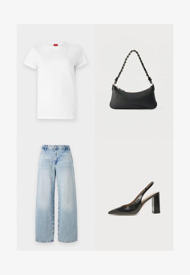 Camiseta blanca de manga corta hecha de algodón ligero. Presenta un escote redondo y mangas enrolladas. Etiqueta de logo roja en el cuello.; Jeans de mezclilla azul claro de pierna ancha con una cintura alta, efecto de desgaste sutil, dobladillo sin terminar y diseño clásico de cinco bolsillos.; Zapato slingback de piel negra con puntera puntiaguda, tacón alto y ancho, y forro interior beige sobre un fondo claro y liso.; Bolso de hombro de cuero negro con forma rectangular curvada, cadena dorada entrelazada en una correa negra trenzada y cierre superior con cremallera.