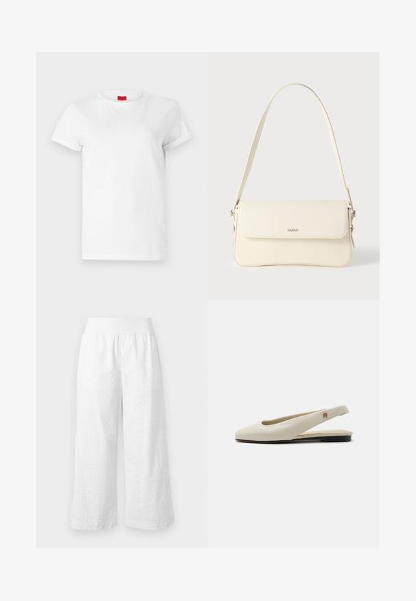 T-shirt blanc à manches courtes en coton léger. Présente un col rond et des manches retroussées. Étiquette logo rouge sur le col.; Marc Cain Pantalon classique - white; Chaussure plate slingback en cuir couleur crème avec un bout arrondi et un petit emblème doré sur la bride.; Sac à bandoulière en cuir couleur crème avec fermeture à rabat, quincaillerie argentée, une bandoulière réglable et un logo discret.