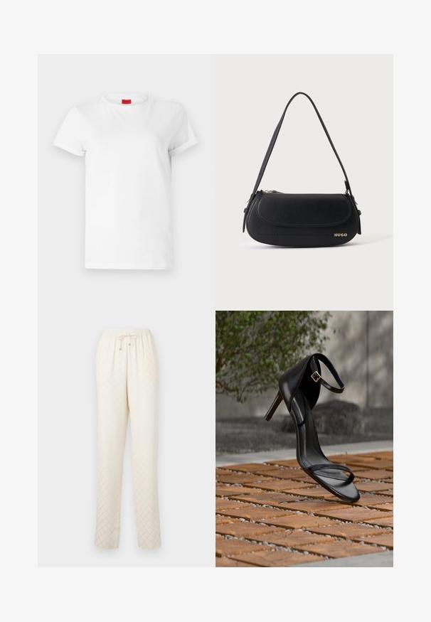 Camiseta blanca de manga corta hecha de algodón ligero. Presenta un escote redondo y mangas enrolladas. Etiqueta de logo roja en el cuello.; Pantalones de lounge de color beige claro, hechos de una tela suave, con un patrón de diamantes, cinturilla elástica con cordón y piernas rectas relajadas.; Sandalia negra de tacón alto con correa en el tobillo, parece suspendida sobre un suelo de baldosas de madera al aire libre, con un fondo difuminado de vegetación y piedra.; Bolso de hombro de cuero negro con solapa curva, logo dorado "HUGO" en el frente y una correa ajustable.