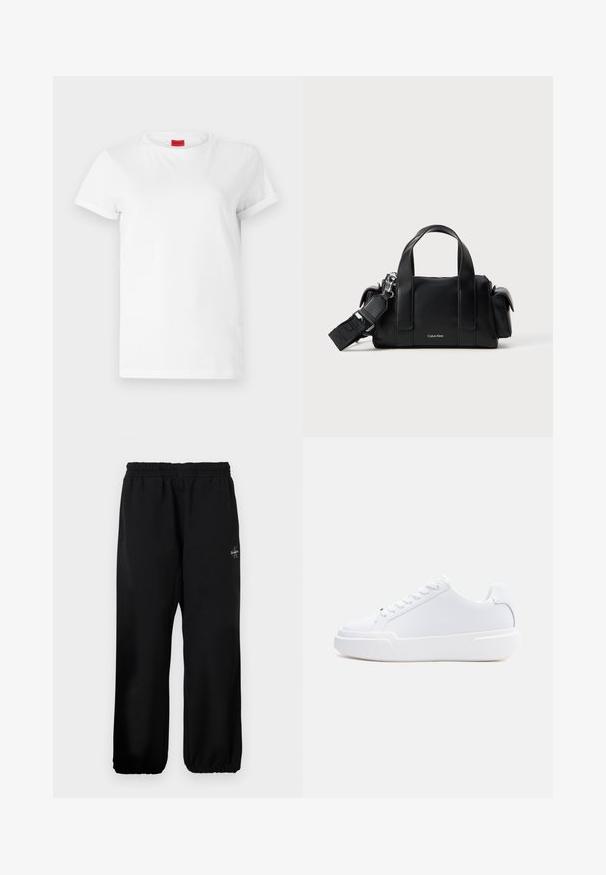 Hvid kortærmet t-shirt lavet af letvægts bomuld. Har en rund halsudskæring og rullede ærmer. Rød logoetiket på kraven.; Sorte sweatpants med elastisk talje, løse ben og en lille logo detalje på venstre side. Glat stof tekstur.; Hvid lavtop-sneaker med snørelukning, tyk sål og glat overdel, vist fra ydersiden mod en ensartet lys baggrund.; Sort lædertaske med to topbøjler og en aftagelig skulderrem. Har en lynlåslukning og et diskret logo foran.