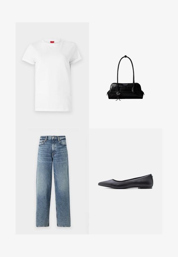 T-shirt blanc à manches courtes en coton léger. Présente un col rond et des manches retroussées. Étiquette logo rouge sur le col.; Jeans en denim bleu clair avec une coupe droite, taille haute et un léger délavage. Comprend cinq poches et une fermeture à bouton.; Chaussure plate en cuir noire à bout pointu avec petit talon, vue de profil sur fond blanc.; Sac à épaule en cuir noir à texture crocodile, avec de longues sangles et un petit charm logo argenté sur une sangle.
