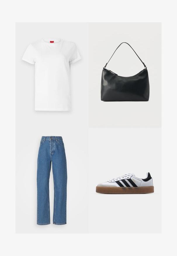 Camiseta blanca de manga corta hecha de algodón ligero. Presenta un escote redondo y mangas enrolladas. Etiqueta de logo roja en el cuello.; Jeans azules de tiro alto y pierna recta con un acabado desgastado. Cuenta con cinco bolsillos, un cierre de botón y detalles de costura sutiles.; Zapatillas de cuero blancas con rayas negras, suela de goma, puntera redonda, cierre de cordones y caperuza de ante gris suave.; Bolso de hombro de cuero negro texturizado con cremallera curva en la parte superior y una sola correa ajustable sobre un fondo liso.