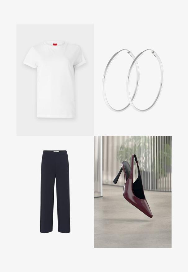 Weißes Kurzarm-T-Shirt aus leichtem Baumwollstoff. Hat einen runden Halsausschnitt und umgeschlagene Ärmel. Rotes Logo-Tag am Kragen.; Marineblaue, weit geschnittene Hose aus weichem Stoff mit elastischem Bund und ohne sichtbare Taschen oder Verzierungen.; Glänzender dunkelroter Slingback mit hohem Absatz, spitzer Zehenform und schwarzer Innenfütterung, schwebt über einem glatten Betonboden im Innenraum.; Silberfarbene Creolen mit einer glatten, runden Form und einer polierten Oberfläche. Beide Ohrringe haben die gleiche Größe und verfügen über einen sicheren Verschlussmechanismus.