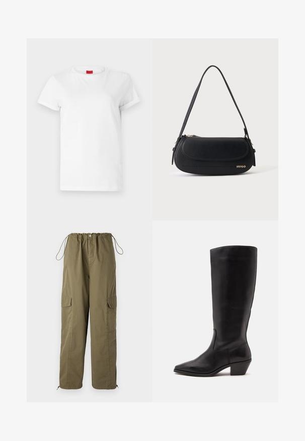 Camiseta blanca de manga corta hecha de algodón ligero. Presenta un escote redondo y mangas enrolladas. Etiqueta de logo roja en el cuello.; Pantalones cargo verde olivo con cintura elástica, cordón y bolsillos a ambos lados; elaborados con tejido ligero y texturizado.; Bota de cuero negra hasta la mitad de la pantorrilla con puntera puntiaguda y tacón bajo inclinado sobre un fondo claro y liso.; Bolso de hombro de cuero negro con solapa curva, logo dorado "HUGO" en el frente y una correa ajustable.