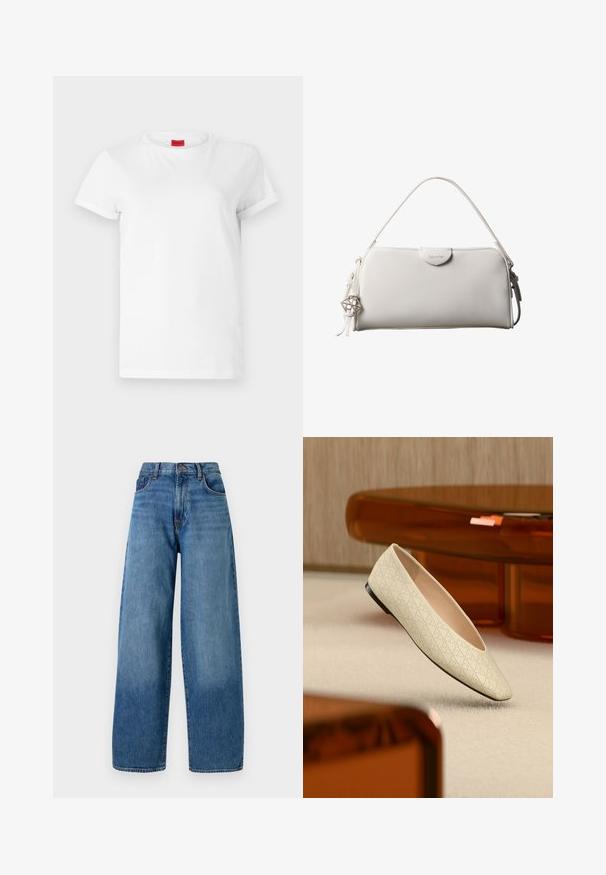 Hvid kortærmet t-shirt lavet af letvægts bomuld. Har en rund halsudskæring og rullede ærmer. Rød logoetiket på kraven.; Bredde ben blå denimjeans med et klassisk fem-lomme design. Har en knaplukning og let falmning for tekstur.; Beige flad sko med geometriske perforeringer svævende over et lyst tæppe i et rum med ravfarvet møbler.; Hvid rektangulær Calvin Klein håndtaske med enkelt håndtag, minimalistisk design og dekorative kvaster med geometrisk metalvedhæng på siden.