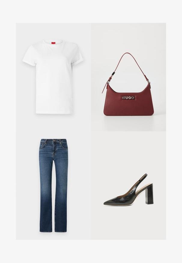 Witte T-shirt met korte mouwen, gemaakt van lichtgewicht katoen. Heeft een ronde hals en opgerolde mouwen. Rode merketiket op de kraag.; Donkerblauwe denim jeans met een rechte pijpdesign, hoge taille, subtiele vervaging, vijf zakken en metalen knoopsluiting.; Zwarte leren slingback schoen met spits toelopend neusje, hoge blokhak en beige binnenvoering tegen een effen lichte achtergrond.; Kleine rechthoekige bordeauxrode leren handtas met een verstelbare schouderband en een zilveren "HUGO" logo plaatje aan de voorkant.