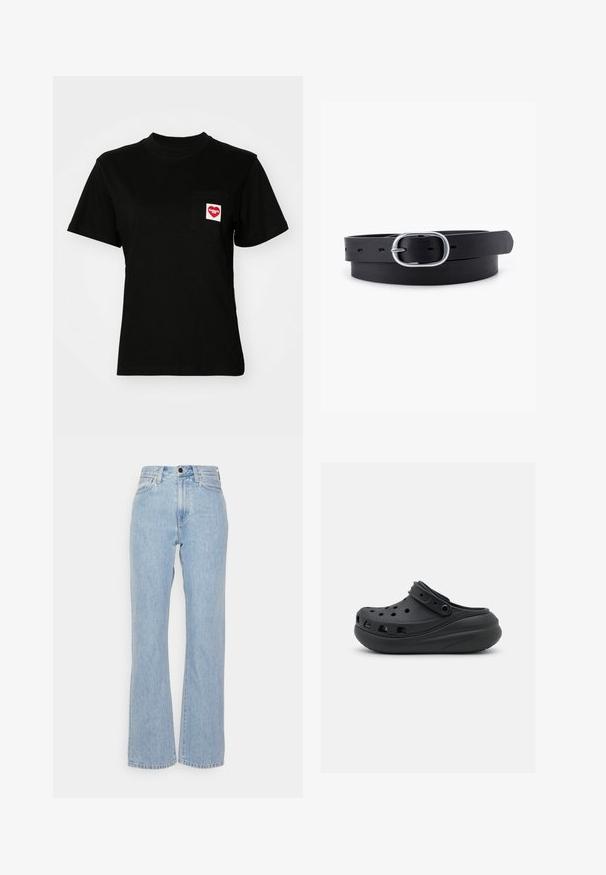 Sort bomulds t-shirt med rund halsudskæring og korte ærmer. Har en frontlomme med et rødt hjerte-logo og hvid tekst.; Lysblå denimjeans med høj talje, bred benudskæring, med bæltestropper, knaplukning foran og klassisk fem-lommer stil.; Sorte gummiklipper med ventilationshuller, hævet hæl og justerbar rem. Glat tekstur og rund form.; Sort læderbælte med en glat overflade, oval sølvmetalspænde og flere justeringshuller langs stroppen. Flad, minimalistisk design.