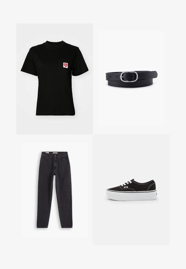 Zwarte katoenen t-shirt met een ronde hals en korte mouwen. Heeft een borstzak met een rood hartlogo en witte tekst.; Zwarte denim jeans met een straight-leg ontwerp, voorzien van vijf zakken, sluiting met een knoop aan de voorkant en gestikte details langs de naden.; Zwarte canvas sneaker met een witte rubberen platformzool, voorzien van witte veters en stiksels, iconische branding op de zijkant, low-top ontwerp.; Zwarte leren riem met een gladde textuur, ovaal zilveren metalen gespsluiting en meerdere verstelgaten langs de band. Platte, minimalistische uitstraling.