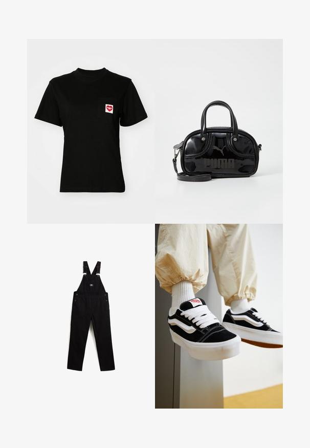 Sort bomulds t-shirt med rund halsudskæring og korte ærmer. Har en frontlomme med et rødt hjerte-logo og hvid tekst.; Sorte denim overalls med justerbare stropper, metalhardware, forlommer og sidelommer. Glat tekstur og lige ben-design.; Person iført sorte og hvide Vans sneakers med hvide snørebånd, hvide sokker og beige bukser med elastiske manchetter.; Sort lakeret håndtaske med dobbelte top-håndtag, aftagelig skulderrem, rund form og et fremtrædende præget "PUMA"-logo.