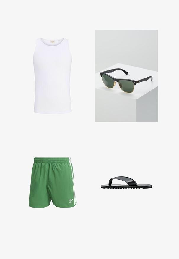 Débardeur blanc côtelé sans manches avec encolure ronde et petite étiquette de marque à l'intérieur du col.; Shorts de sport verts en matériau léger, avec des rayures blanches sur les côtés et un logo Adidas sur l'ourlet gauche. Taille élastique.; Sandale tongs plates noires avec une large bride d’orteil et une semelle texturée, vue de profil sur fond blanc.; Lunettes de soleil Ray-Ban avec des verres verts, monture en plastique noir et accents dorés sur les bords. Forme carrée avec une finition mate.