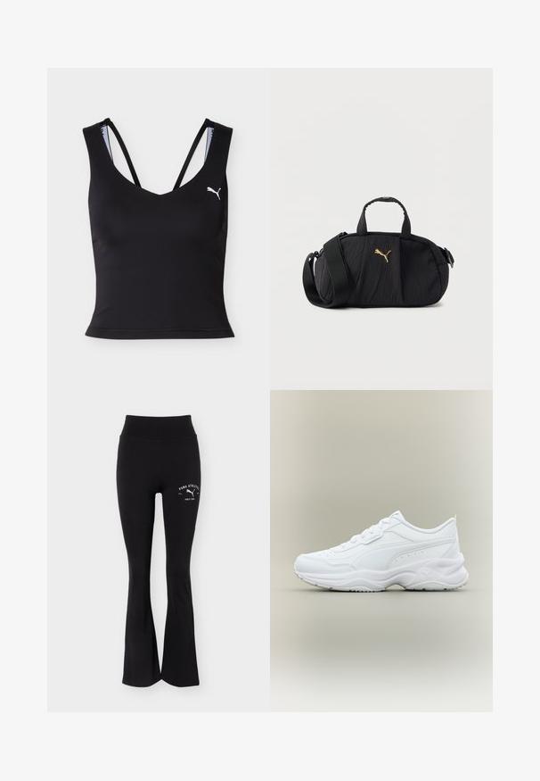 Débardeur de sport noir raccourci avec fines bretelles doubles et logo Puma blanc sur le côté gauche de la poitrine.; Pantalon de sport noir évasé avec taille haute et logo blanc Puma Athletics sur la partie supérieure de la cuisse.; Baskets blanches basses avec lacets à l'avant, semelle texturée et dessin discret cousu sur une matière supérieure lisse.; Sac bandoulière texturé noir avec poignées supérieures, large sangle réglable et petit logo Puma doré centré à l'avant.