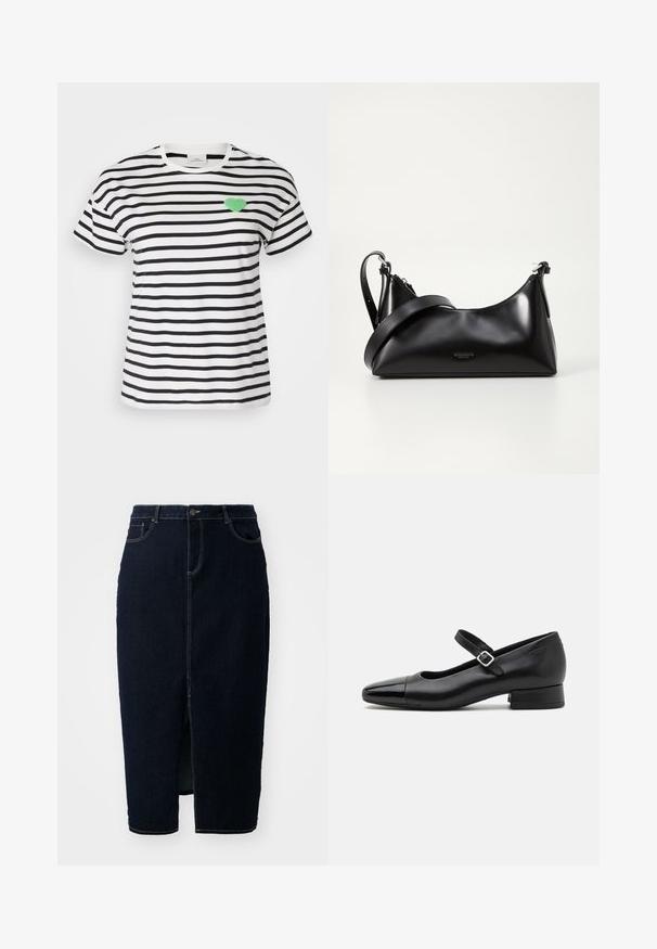 Kortærmet T-shirt med rund hals i sort og hvidstribet, med et grønt fuzzy hjertepatch på venstre brystområde.; Mørk denim blyantskørt med en frontslids, knaplukning og synlige sømdetaljer. Designet til en tætsiddende silhuet.; Sorte læder Mary Jane-sko med en patenttå, justerbar ankelrem og lav blokhæl. Glat tekstur og strømlinet design.; Sort læderhåndtaske med en glat tekstur. Har en justerbar stropp og et enkelt, minimalistisk design med lynlås.