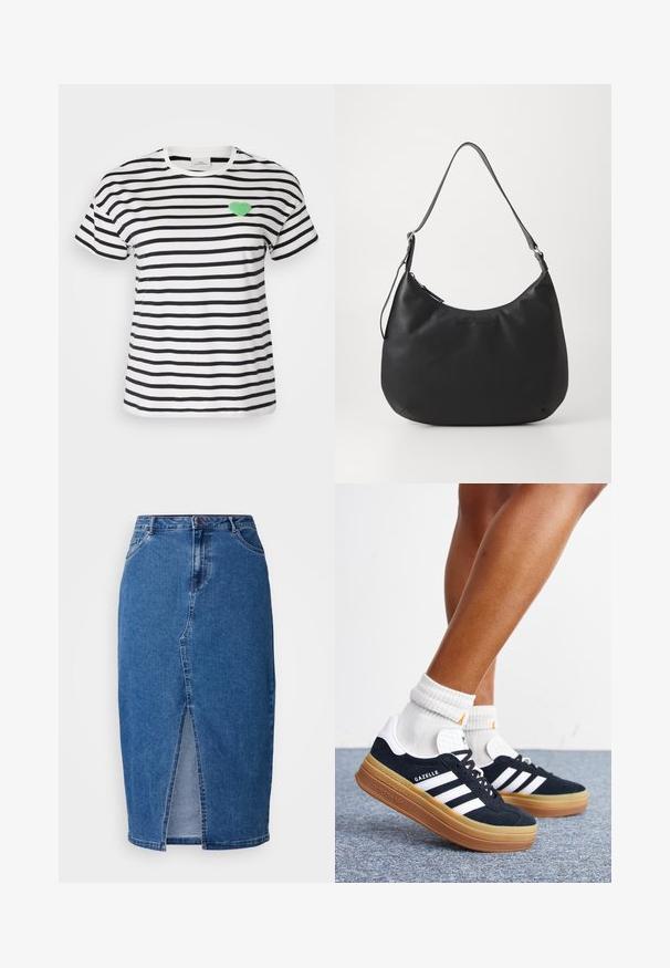 Kortærmet T-shirt med rund hals i sort og hvidstribet, med et grønt fuzzy hjertepatch på venstre brystområde.; Denim nederdel i mellemblå med en frontslids, høj talje, fem lommer og bæltesløjfer. Stoffet har en tekstureret finish.; Ben iført hvide sokker og sorte Adidas Gazelle sneakers med hvide striber og tykke brune såler på et gråt tæppe.; Sort hobo-taske lavet af glat, holdbart materiale. Har en enkelt justerbar rem og et subtilt præglogo på forsiden.