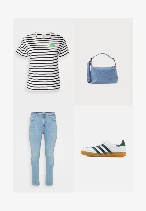 Kortærmet T-shirt med rund hals i sort og hvidstribet, med et grønt fuzzy hjertepatch på venstre brystområde.; Lyseblå denimjeans med slim fit, der har fem lommer, bæltestropper og en standard lynlås med knaplukning.; Hvide lædersneakers med grønne og sorte striber; gummisål; tekstureret tåboks; guld "Gazelle" branding på siden.; Lyseblå taske med krokodillepræg, kort håndtag og aftagelig skulderrem. Glat tekstur med lynlås.