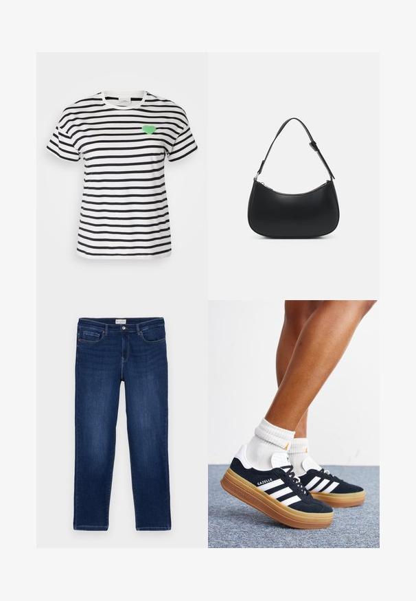 Camiseta de manga corta y cuello redondo a rayas en blanco y negro, con un parche de corazón verde peludo en el lado izquierdo del pecho.; Jeans de mezclilla azul oscuro con corte recto, diseño de cinco bolsillos, costuras visibles y un cierre de botón metálico en la cintura.; Piernas con calcetines blancos y zapatillas Adidas Gazelle negras con rayas blancas y suelas marrones gruesas sobre un suelo alfombrado gris.; Pieces PCALUANA SHOULDER BAG - Bolso de mano - black