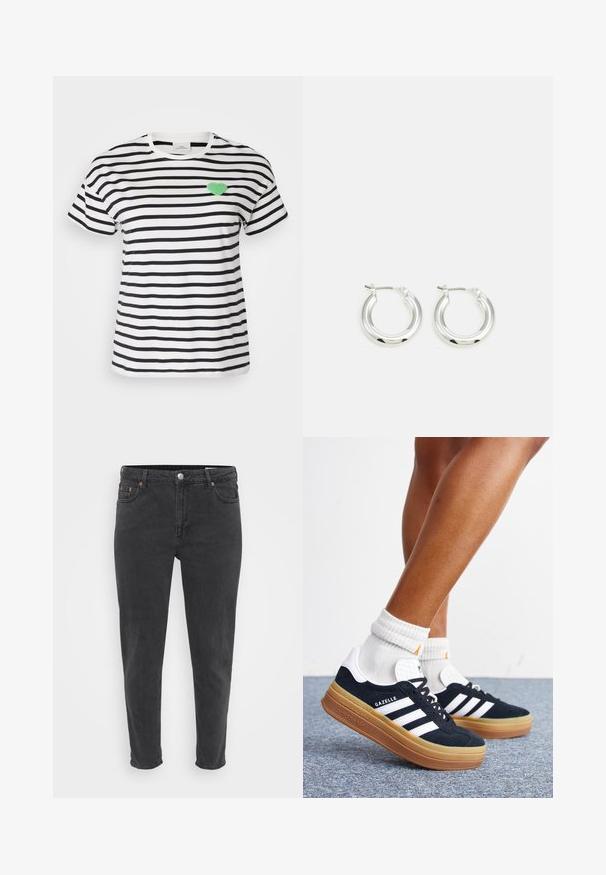 Kortærmet T-shirt med rund hals i sort og hvidstribet, med et grønt fuzzy hjertepatch på venstre brystområde.; Slanke sorte denim jeans med frontknap og lynlås, bæltestropper og fem lommer, vist på en ensfarvet lys baggrund.; Ben iført hvide sokker og sorte Adidas Gazelle sneakers med hvide striber og tykke brune såler på et gråt tæppe.; Sølv hoop-øreringe med en poleret finish, der har en cirkulær form og en hængslet lukning. Glat tekstur med minimal detaljering.