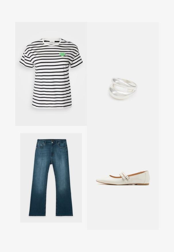 Kurzärmeliges T-Shirt mit Rundhalsausschnitt in schwarz-weißen Streifen, ausgestattet mit einem grünen, flauschigen Herz-Patch auf der linken Brustseite.; Blaue Jeans mit geradem Bein, vorderen und hinteren Taschen, Knopf- und Reißverschluss und dezenten verblassten Details an Oberschenkeln und Knien.; Weiße Lacklederschuhe mit spitzem Zehen, zwei dekorativen Riemen mit silbernen Schnallen und einer dezenten braunen Sohle.; Silberner Doppelring mit einer glatten, polierten Oberfläche. Verfügt über ein fließendes, kurviges Design mit überlappenden Abschnitten für einen modernen Look.