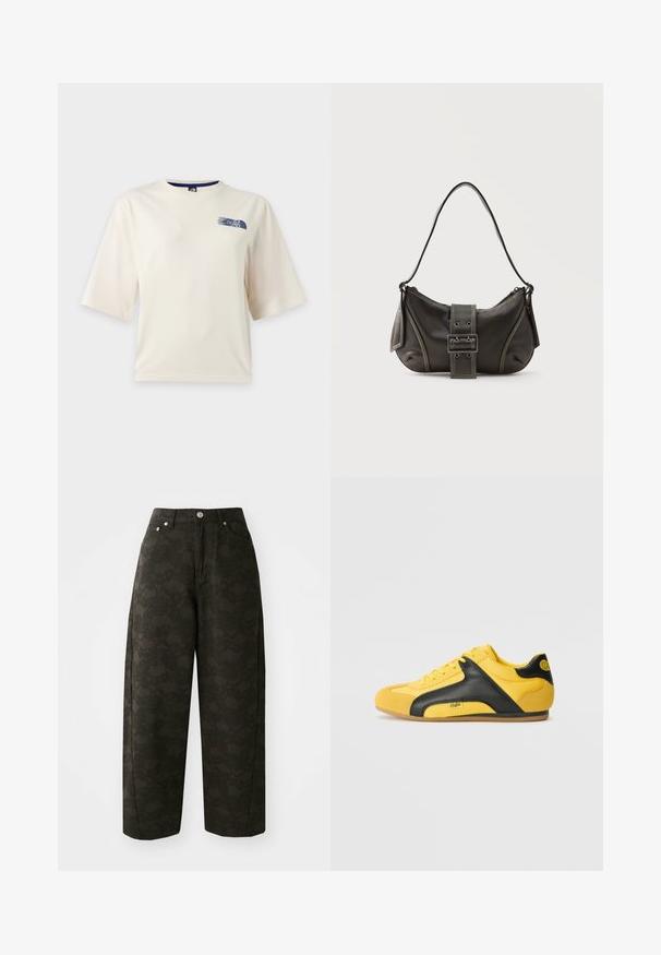 Hvid T-shirt med korte ærmer med en lille blå The North Face-logo på øverste venstre bryst.; Mørkegrønne vide bukser har et tekstureret blomsterdesign, fem lommer og metalknaplukninger i taljen.; Gule sneakers med en sort læder sidepanel, tekstureret stofoverdel, rund tå og gummisål, med branding på siden.; Sort læder skuldertaske med spænde på remmen, afrundede kanter og kontrasterende hvide syninger på en ensfarvet baggrund.