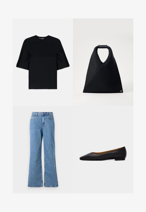 Sort kortærmet top med brede, udbredte ærmer og rund udskæring, præsenteret på en hvid baggrund.; Lyseblå denim wide-leg jeans med høj talje, der har en knap- og lynlåslukning, forlommer og en slidt tekstur.; Sort læder flad sko med spids tå, lav hæl og glat finish, vist fra siden på en lysegrå baggrund.; Sort tote bag med en trekantet form, lavet af tekstureret stof, med et rundet håndtag og en lille detalje nederst.