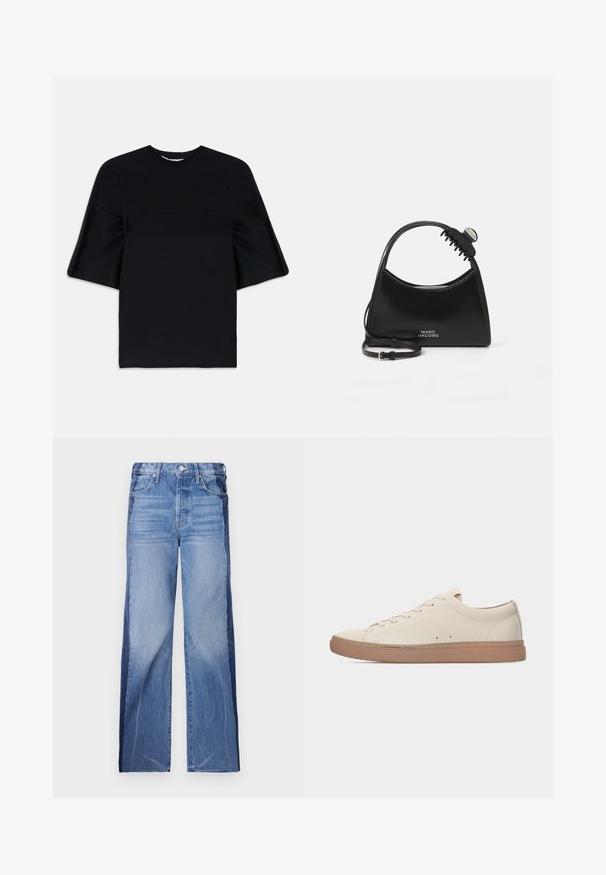 Sort kortærmet top med brede, udbredte ærmer og rund udskæring, præsenteret på en hvid baggrund.; Denimjeans med bred bendesign, to-tonet blåt stof med tydelige farveafsnit, mellemhøj talje og standard fem-lomme stil.; Beige lavsko i læder med brun gummisål, snørebånd foran og minimale syninger, vist i sideprofil på hvid baggrund.; Sort Marc Jacobs håndtaske med et buet håndtag og en vedhæftet sort hårklo klips på en hvid baggrund.