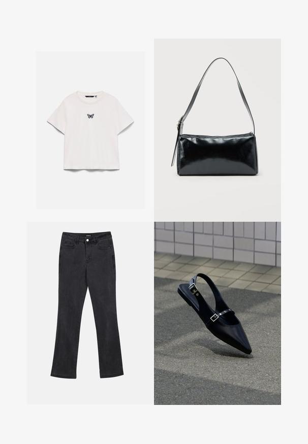 T-shirt blanc à manches courtes avec col rond et petit motif papillon violet et noir centré sur la poitrine.; Jeans noirs à jambe droite avec poches avant et arrière, passants de ceinture et fermeture à bouton à la taille.; Mocassin noir à bout pointu et bride arrière, avec double boucle, posé sur un asphalt gris près d'un mur carrelé en arrière-plan.; Sac d'épaule rectangulaire noir avec une sangle réglable unique et une fermeture éclair supérieure sur un fond uni.