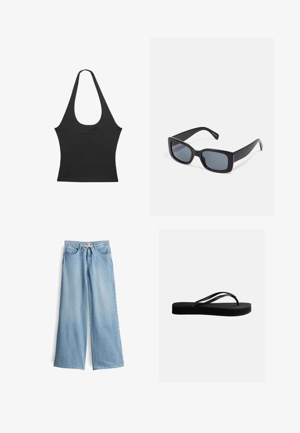 Schwarzes ärmelloses Top mit runder Ausschnitt, aus weichem Stoff gefertigt. Es hat eine taillierte Form und klare Kanten. Keine zusätzlichen Muster oder Akzente.; Helle blaue, weit geschnittene Jeans aus Denim. Mit höherem Bund, Gürtelschlaufen, zwei Vorderaschen und einem Zugverschluss.; Schwarze Gummiflips mit strukturierter Sohle und Y-förmigem Riemen, seitliche Ansicht vor schlichtem hellem Hintergrund.; Schwarze rechteckige Sonnenbrille mit dunkel getönten Gläsern, dickem Kunstrahmen und breiten Bügeln. Glatte Oberfläche und kantiges Design.