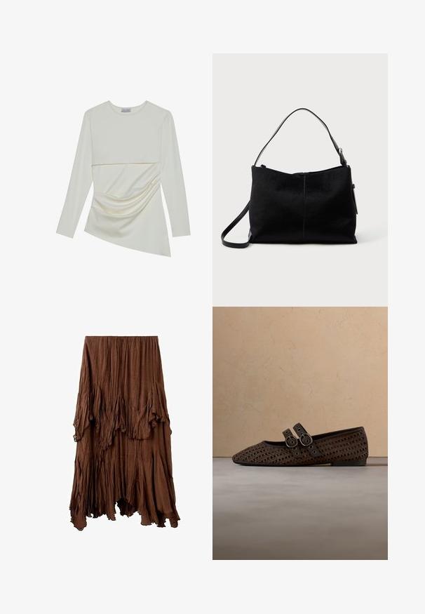 Haut crème à manches longues avec un col rond, présentant un design superposé et des détails plissés sur la partie inférieure. Tissu doux avec une texture lisse.; Jupe marron froissée avec un ourlet asymétrique et des détails de tissu superposés et drapés créant un effet texturé et fluide.; Chaussure plate en cuir tressé marron foncé avec deux sangles à boucles, placée près d'une table en bois ronde et d'un tapis tissé beige.; Sac à bandoulière noir avec une surface lisse et texturée, doté d'une seule sangle et d'une fermeture éclair en haut. Forme rectangulaire compacte.