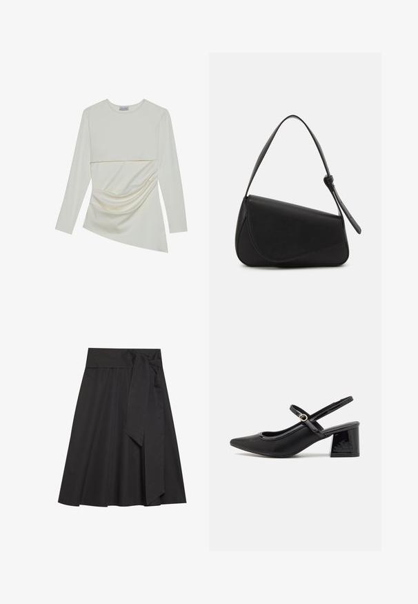 Haut crème à manches longues avec un col rond, présentant un design superposé et des détails plissés sur la partie inférieure. Tissu doux avec une texture lisse.; Jupe noire enveloppante avec une large ceinture et un détail en noeud. Fabriquée en tissu lisse, elle présente une silhouette évasée et une longueur au genou.; Escarpins slingback en cuir verni noir avec un embout pointu, un design à découpes arrondies et un talon carré. Présente un accent de boucle en ton doré.; Sac à main en cuir noir de forme triangulaire, avec un rabat incliné et une poignée supérieure arrondie. Il présente une texture lisse et des détails de design minimalistes.