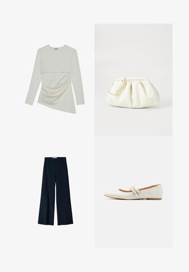 Haut crème à manches longues avec un col rond, présentant un design superposé et des détails plissés sur la partie inférieure. Tissu doux avec une texture lisse.; Pantalons larges navy en tissu lisse, dotés de deux plis avant et d'une fermeture à un bouton à la taille.; Ballerines en cuir verni blanc avec un bout pointu, deux sangles décoratives avec des boucles en argent, et une semelle marron discrète.; Sac à main en cuir blanc avec un design plissé, doté d'une bandoulière en chaîne dorée et d'une forme arrondie. Texture lisse avec des plis doux et sans motifs.