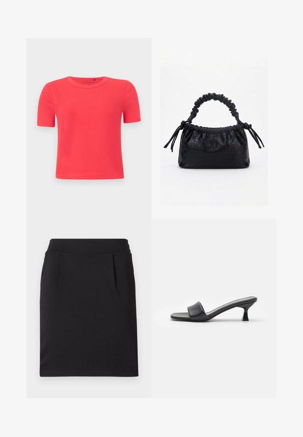 T-shirt à manches courtes en tissu côtelé doux de couleur corail vif. Doté d'un col rond et d'une silhouette ajustée.; Jupe crayon noire longueur genou avec une large ceinture et de subtils plis devant, faite en tissu lisse.; Mules noires à talons avec une tige en cuir lisse et mat, orteils ouverts, large sangle sur le cou-de-pied et talon carré fin.; Sac à main noir avec texture crocodile, bord supérieur froncé, poignée plissée et pompons à cordon de chaque côté sur fond blanc.