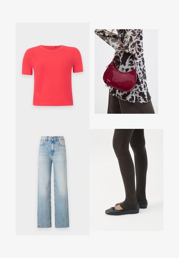 Korte mouwen, geribbeld T-shirt van zachte stof in een levendige koraalkleur. Voorzien van een ronde halslijn en een aansluitend silhouet.; Lichtblauwe wijde jeans van denim, met een hoge taille, subtiele vervaging en een traditionele vijf-pocketontwerp met contrasterende stiksels.; Benen met donkere geribbelde leggings gecombineerd met zwarte ballerina's met kleine strikdetails op een witte achtergrond.; Vrouw met een zwart-wit gebloemde blouse houdt een glanzende rode schoudertas vast tegen een effen achtergrond.