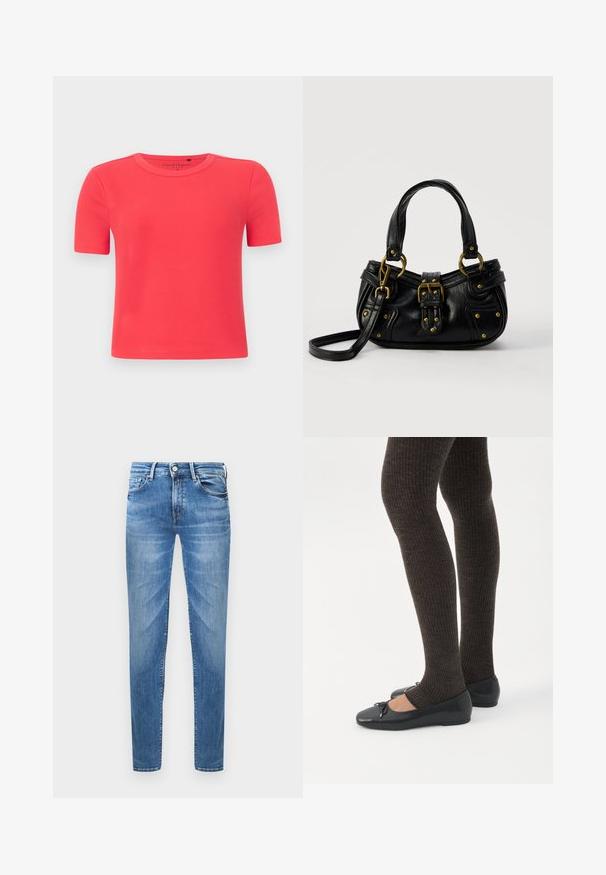 Kortærmet, ribstrikket t-shirt lavet af blødt stof i levende koralfarve. Har rund halsudskæring og en tætsiddende silhuet.; Lyseblå denimjeans med slim fit. Funktioner inkluderer en knaplukning, fem lommer og en slidseffekt på lårene.; Ben iført mørke ribbede leggings kombineret med sorte balletsko med små sløjfedetaljer på hvid baggrund.; Sort læderhåndtaske med guldbælge og nitdetaljer, korte håndtag og en justerbar skulderrem på en ensfarvet hvid baggrund.