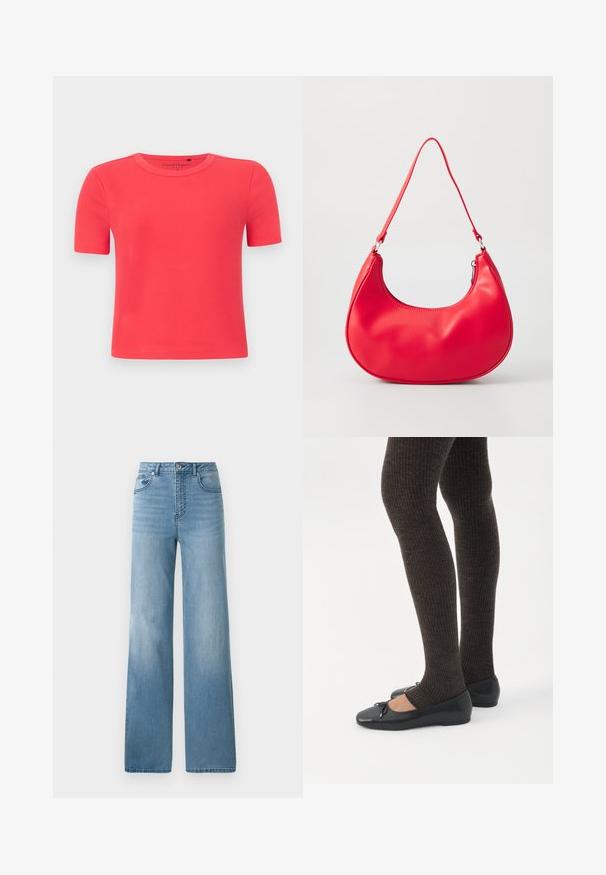 Kortærmet, ribstrikket t-shirt lavet af blødt stof i levende koralfarve. Har rund halsudskæring og en tætsiddende silhuet.; Lyseblå højtaljede jeans med lige ben. Fremstillet af denim, med fem lommer og knaplukning.; Ben iført mørke ribbede leggings kombineret med sorte balletsko med små sløjfedetaljer på hvid baggrund.; Rød syntetisk læder skuldertaske med en buet form, slank rem og lynlås lukning. Glat tekstur med synlige syninger.