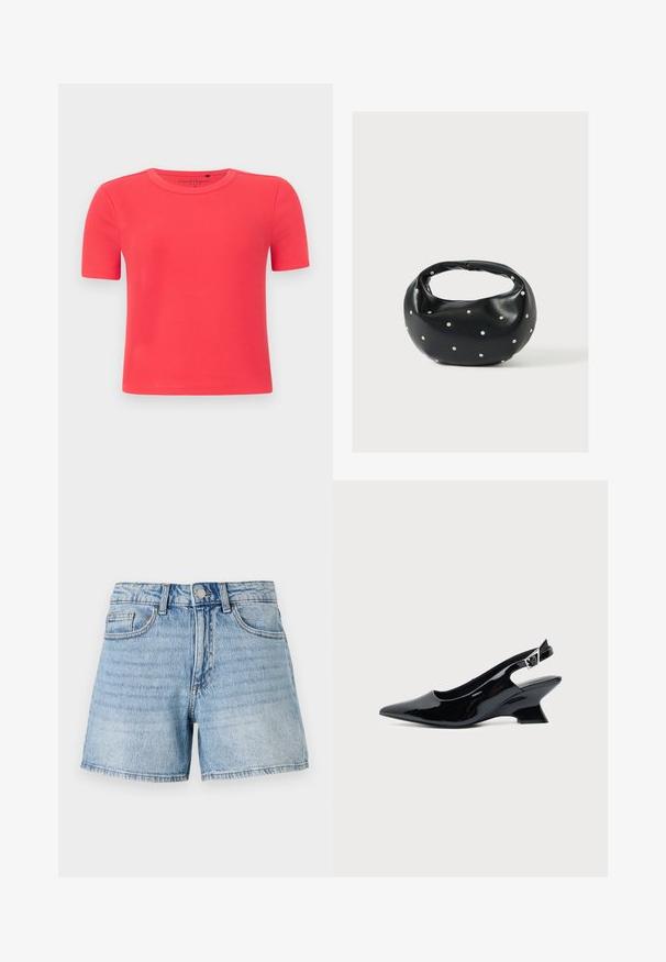 T-shirt à manches courtes en tissu côtelé doux de couleur corail vif. Doté d'un col rond et d'une silhouette ajustée.; Shorts en denim bleu clair à taille haute, cinq poches et ourlet effiloché. Présente un léger effet délavé et des détails de coutures dorées.; Chaussure slingback en cuir verni noir avec bout pointu et petit talon bloc incliné sur fond clair uni.; Sac à main en cuir noir de forme arrondie, décoré de clous argentés et équipé d'une poignée courte. Texture lisse et fermeture éclair.
