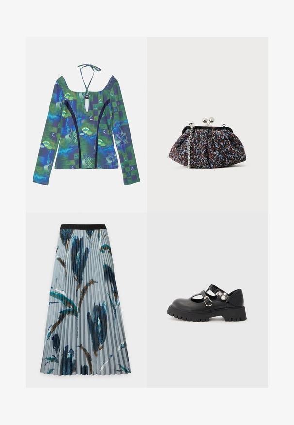 Haut à manches longues avec un décolleté plongeant, présentant des motifs abstraits bleus et verts, une fermeture à nouer dans le dos et des accents noirs contrastants.; Jupe midi plissée avec ceinture élastique noire et grands motifs floraux abstraits bleu, sarcelle et marron sur tissu gris clair.; Ballerines en cuir noir avec un bout rond, des sangles ajustables, une semelle en caoutchouc épaisse et des accents en perles sur le côté.; Pochette en tissu noir texturé avec motif floral multicolore, fermeture à clip en métal et bandoulière en chaîne argentée. Forme arrondie et design plissé.