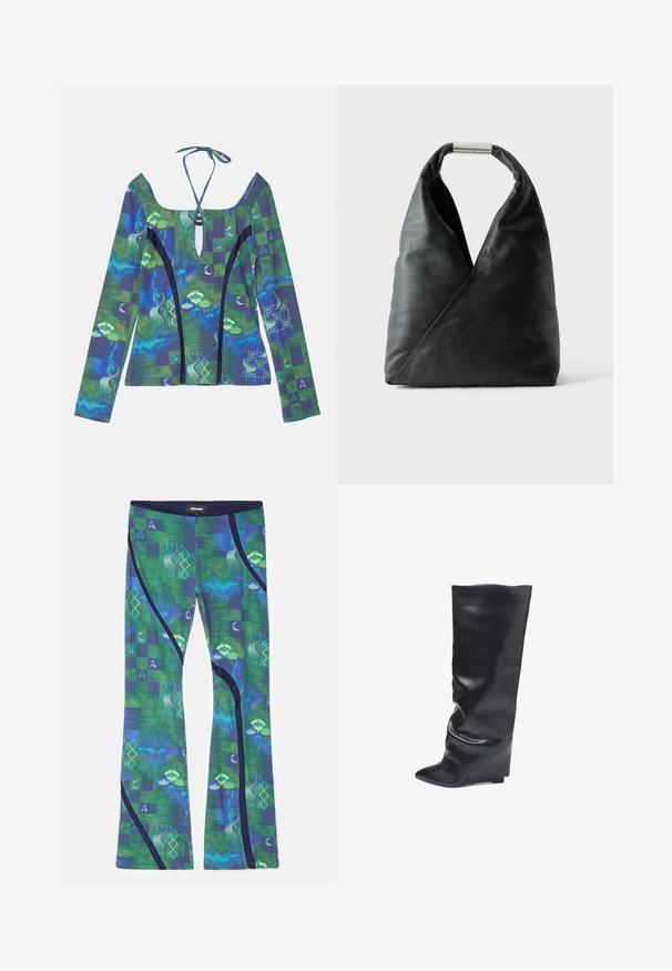 Langsleeve top met een diepe halslijn, voorzien van abstracte blauwe en groene patronen, een striksluiting aan de achterkant en contrasterende zwarte accenten.; Legging gemaakt van multikleurige stretchstof met groene en blauwe patronen, geometrische vormen en donkerblauwe accenten langs de zijkanten.; Bata Laarzen met sleehak - nero; Zwarte leren handtas met een zachte driehoekige vorm en een zilverkleurige metalen sluiting op een effen witte achtergrond.