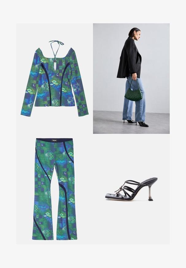 Haut à manches longues avec un décolleté plongeant, présentant des motifs abstraits bleus et verts, une fermeture à nouer dans le dos et des accents noirs contrastants.; Leggings en tissu extensible multicolore avec des motifs verts et bleus, des formes géométriques et des accents bleu foncé sur les côtés.; Sandale à talon haut noire avec brides fines, bout carré et talon stiletto mince, présentant des brides qui se croisent et un nœud décoratif sur le dessus.; DRAGON DIFFUSION ROSANNA - Sac à main - forest