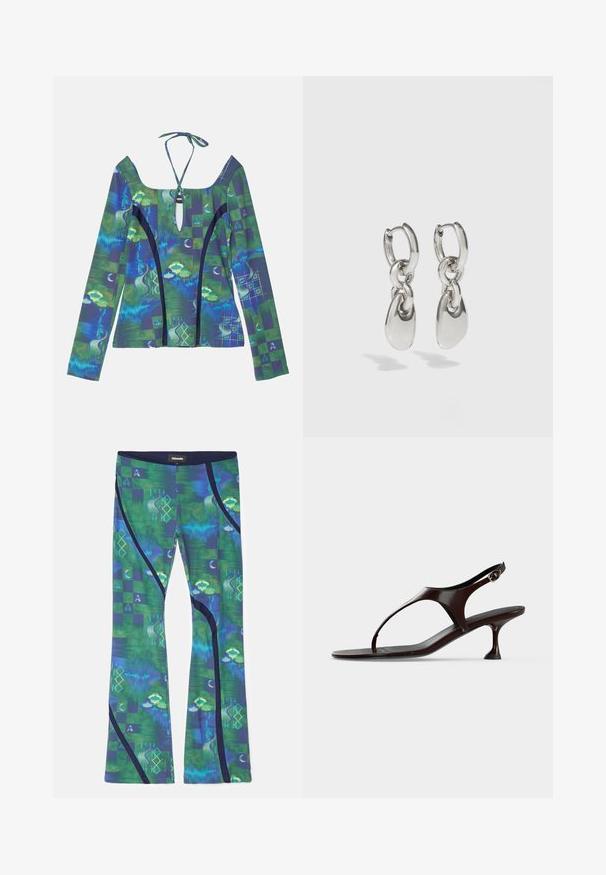 Haut à manches longues avec un décolleté plongeant, présentant des motifs abstraits bleus et verts, une fermeture à nouer dans le dos et des accents noirs contrastants.; Leggings en tissu extensible multicolore avec des motifs verts et bleus, des formes géométriques et des accents bleu foncé sur les côtés.; Sandale slingback en cuir verni marron foncé avec petit talon et bride entre les orteils sur fond blanc.; Boucles d'oreilles en argent avec des maillons ovales allongés, présentant une finition polie et un pendentif tombant texturé. Design simple avec des bords lisses.