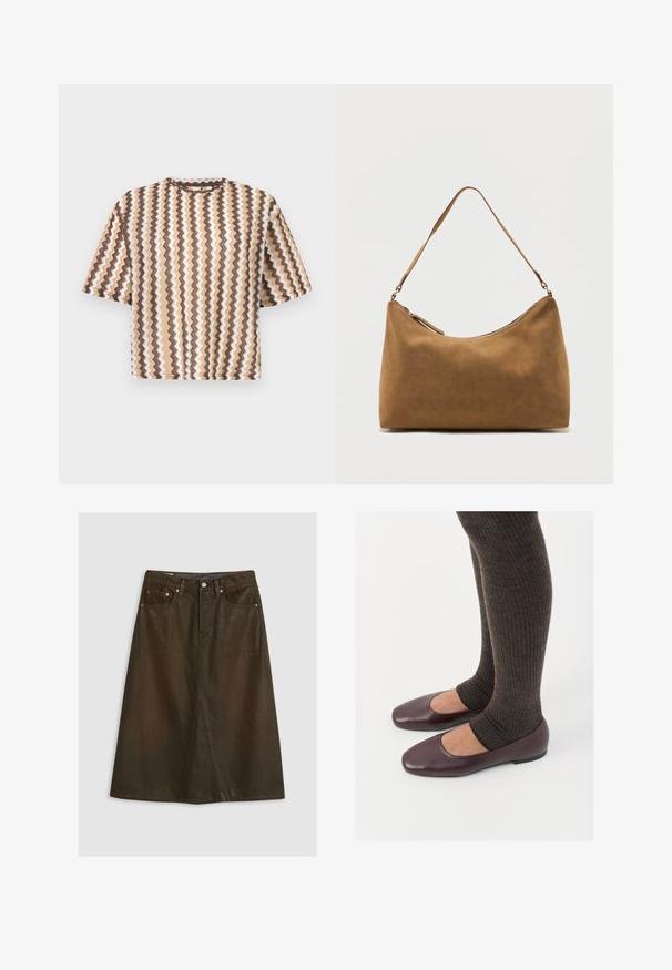 Kortærmet sweater med lodrette zigzagstriber i brune, beige og hvide nuancer på en ensfarvet baggrund.; Brun denim A-formet nederdel med høj talje, frontslids, kobbernitter og tonede syninger. Glat tekstur, knælængde design.; Burgunderrøde patenterede læder flade sko med firkantet tådesign, parret med mørkebrune ribbede strømpers der når til midten af læggen.; Brun skuldertaske i ruskind med enkelt rem og lynlås øverst, vist mod en ensfarvet hvid baggrund.